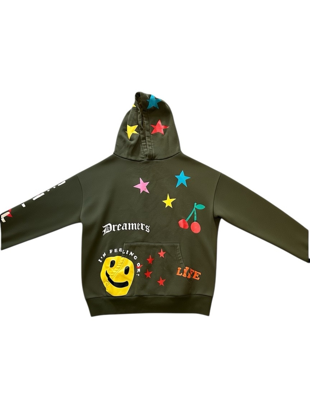 PacSun Olive Green Kids Hoodie with Colorful Stars, Smile & Cherry Prints